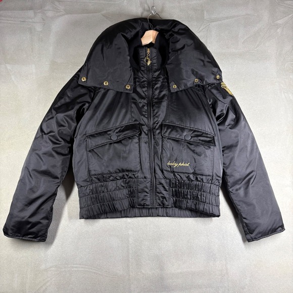 Baby Phat Jackets & Blazers - Vintage Baby Phat Y2K Black Satin Down Puffer Jacket Oversized Collar Medium